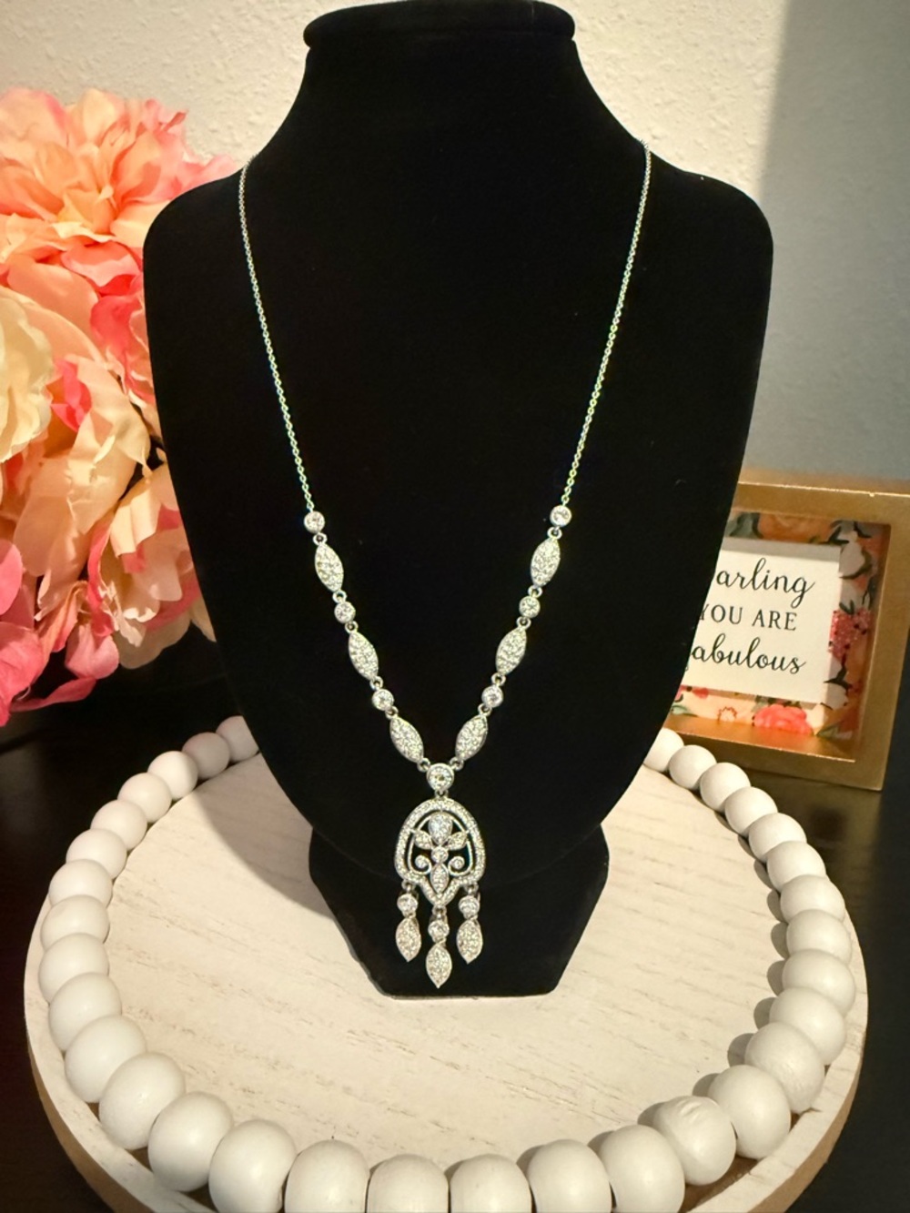 Silver Tone Statement Necklace w/ Rhinestones | Vintage Style